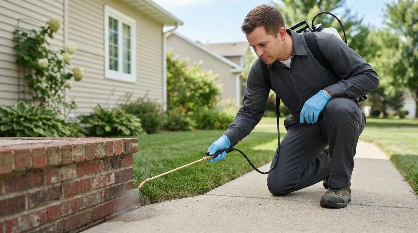 Pest control technician treating a home near De Soto, IL